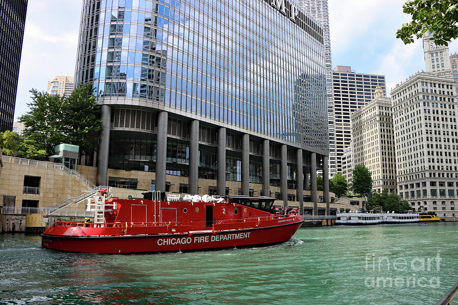 Chicago Photograph -  Fire Department Boat On Chicago River by Christiane Schulze Art And Photography