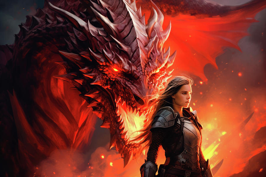 Fire Dragon and Female Warrior 01 Digital Art by Matthias Hauser