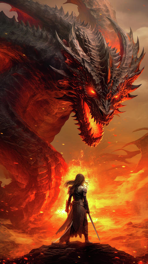 Fire Dragon and Female Warrior 02 Digital Art by Matthias Hauser