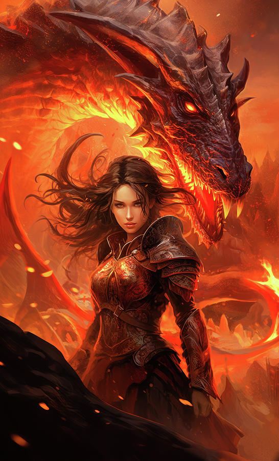 Fire Dragon and Female Warrior 03 Digital Art by Matthias Hauser