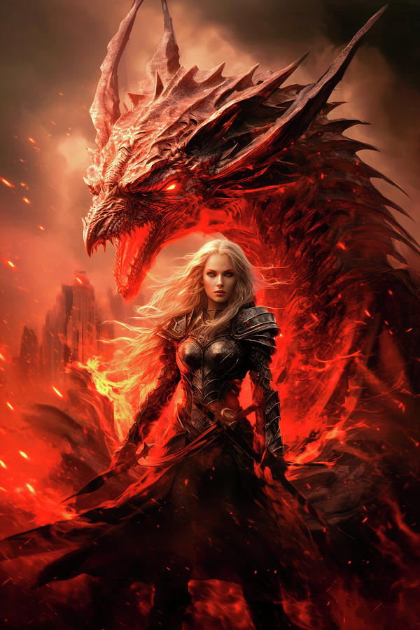 Fire Dragon and Female Warrior 04 Digital Art by Matthias Hauser