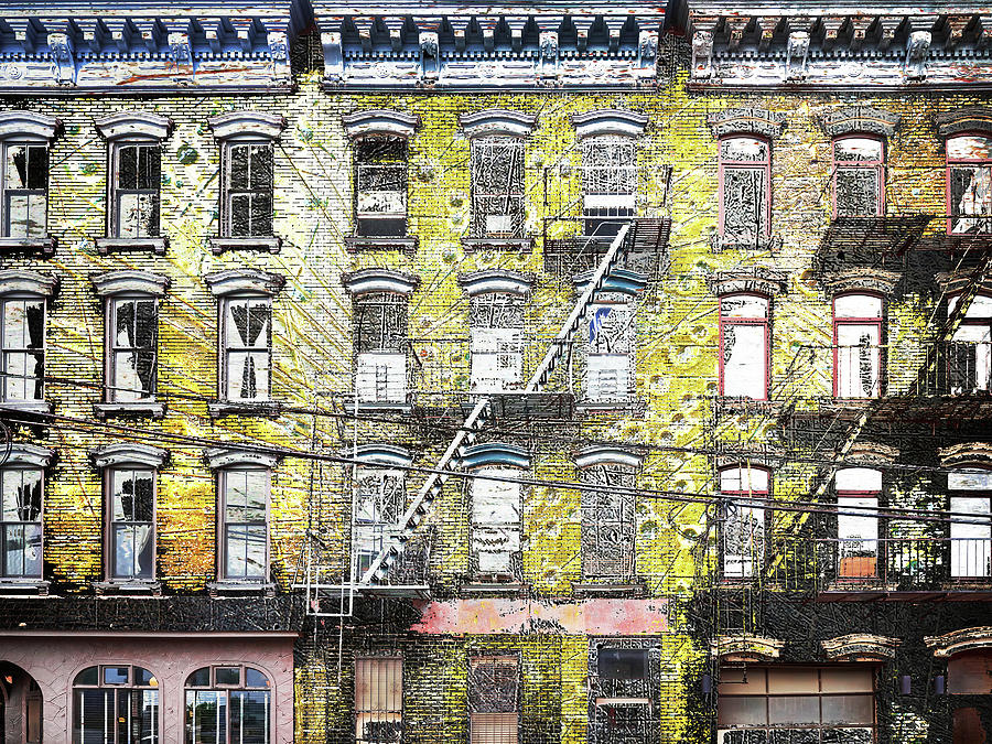 Fire Escapes New York City Windows Gold Painting by Tony Rubino