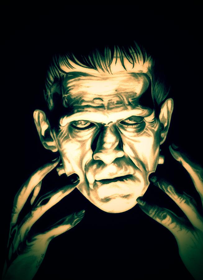 Fire - Frankenstein - Green Close up Edition Drawing by Fred Larucci