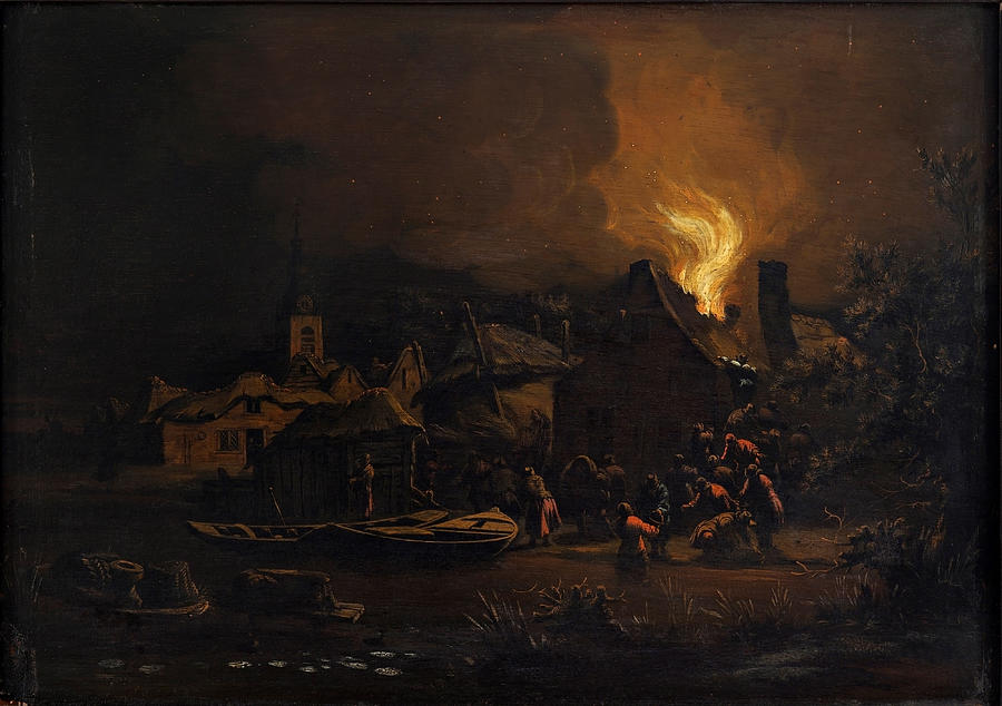 Fire in a Dutch Village Painting by Egbert van der Poel