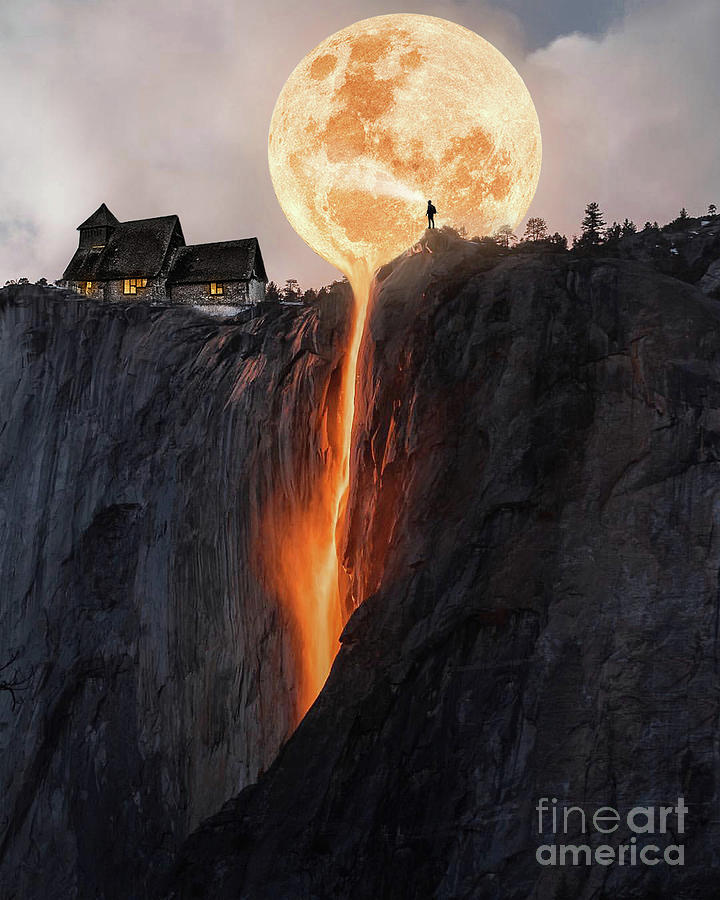 Fire Moon Lava Mountain, Magical Sky Digital Art by Amusing DesignCo