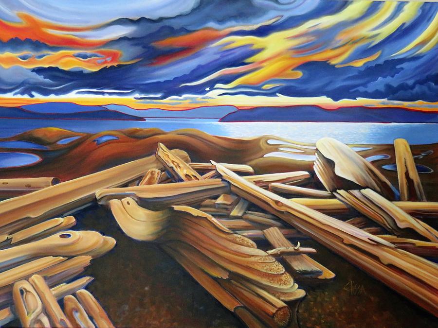 Fire Sky Over Driftwood II Painting by Elissa Anthony