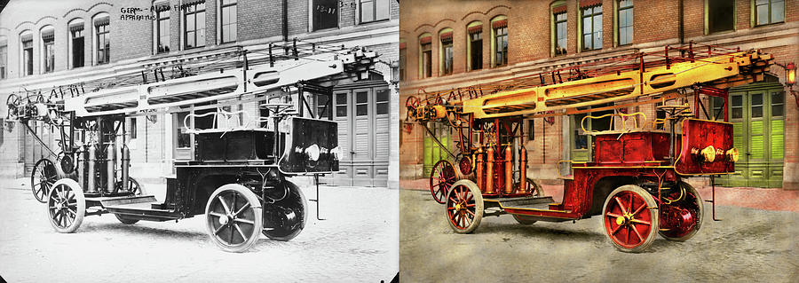 Fire Truck - An electric ladder truck 1907 - Side by Side Photograph by Mike Savad