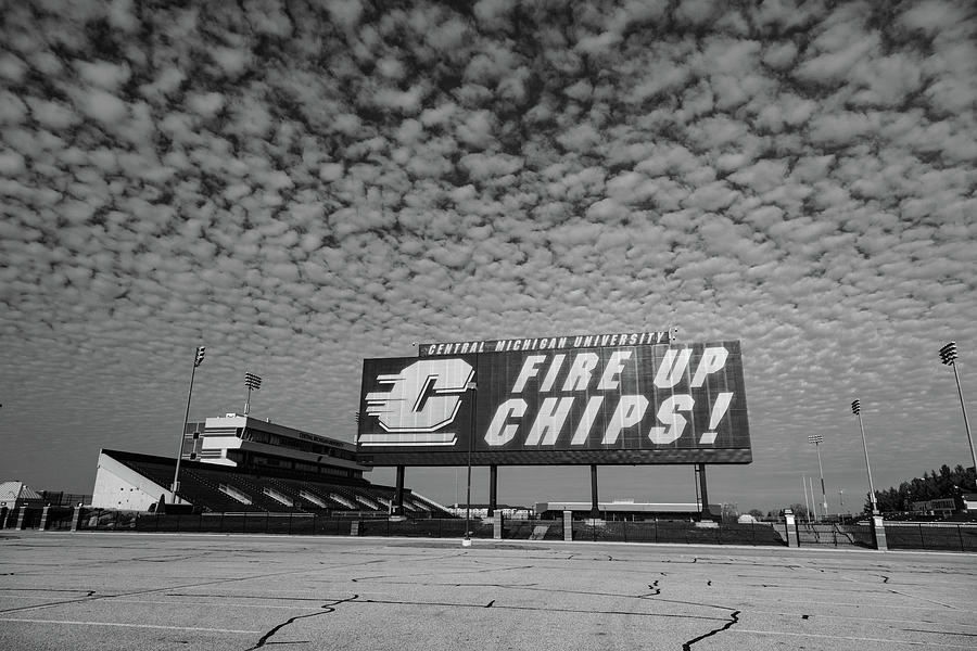Fire Up Chips sign at Kelly Shorts Stadium wide shot in black and white Photograph by Eldon McGraw