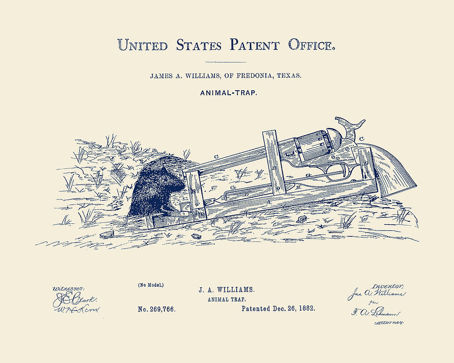 Firearm Mousetrap Design Patent - James A. Williams 1882 Drawing by War Is Hell Store