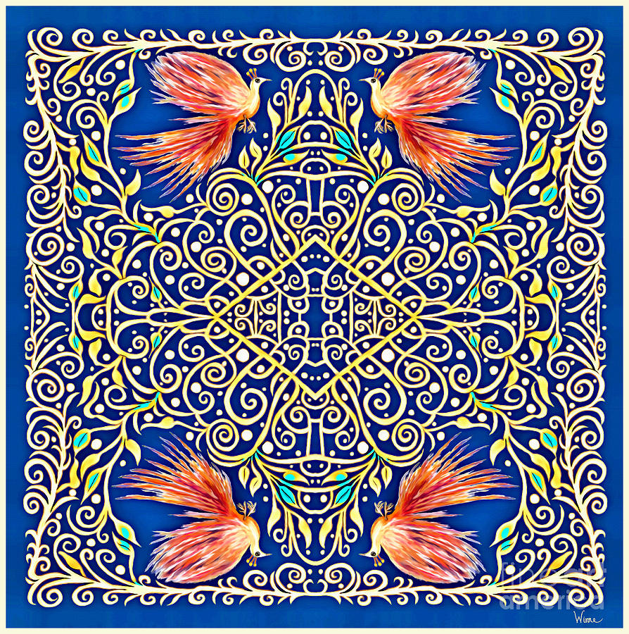 Firebirds with Glowing Yellow Vines and Leaves on a Cobalt Blue Background Mixed Media by Lise Winne