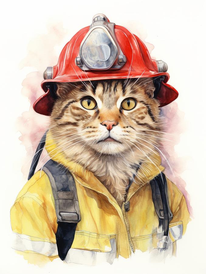Wildlife Painting - Firefighter cat by Land of Dreams