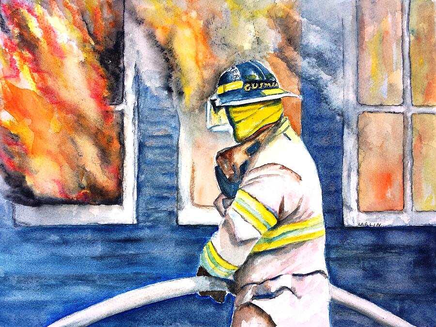 Firefighter Hero House Fire Painting by Carlin Blahnik CarlinArtWatercolor
