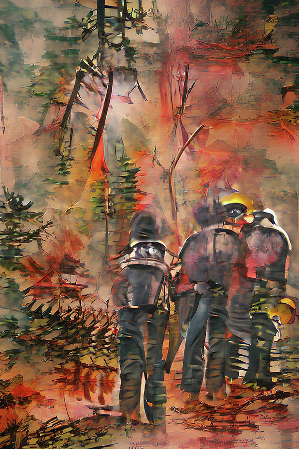 Firefighter Heroes In The Forest Abstract Watercolor Painting by David Dehner