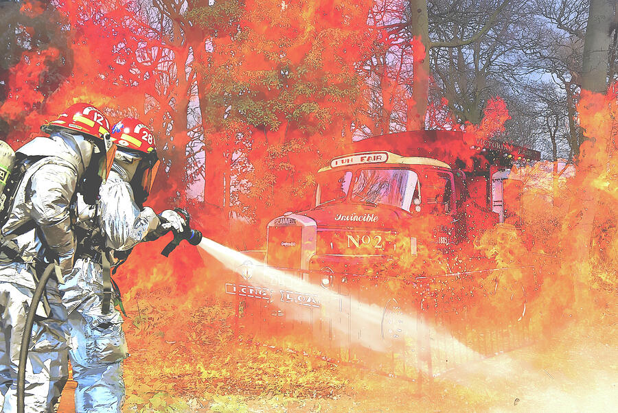 Firefighters Saving Burning Antique Fire Engine  Digital Art by Shelli Fitzpatrick