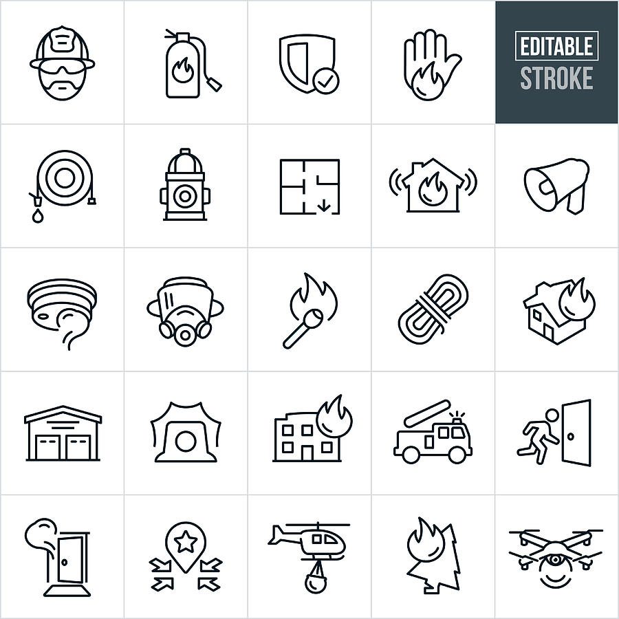 Firefighting Line Icons - Editable Stroke Drawing by Appleuzr