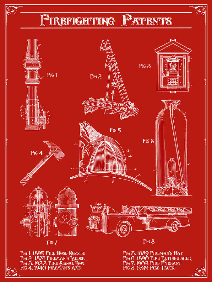 Firefighting Patents Red Drawing by Greg Edwards