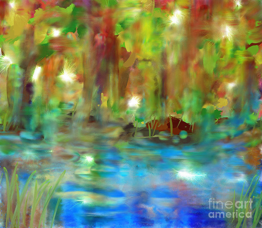 Fireflies on the Riverbank Painting by Shirley Moravec