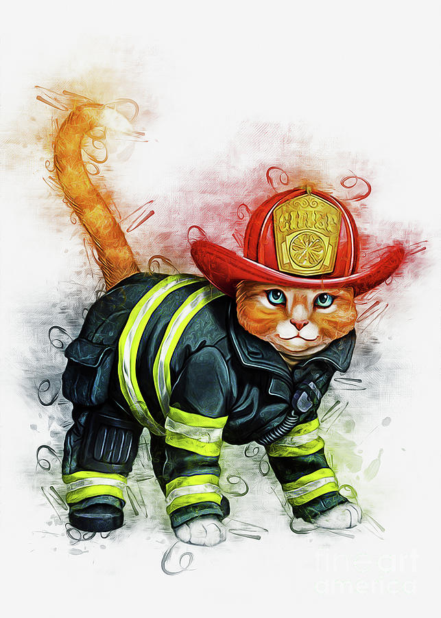 Fireman Cat Art Digital Art by Ian Mitchell