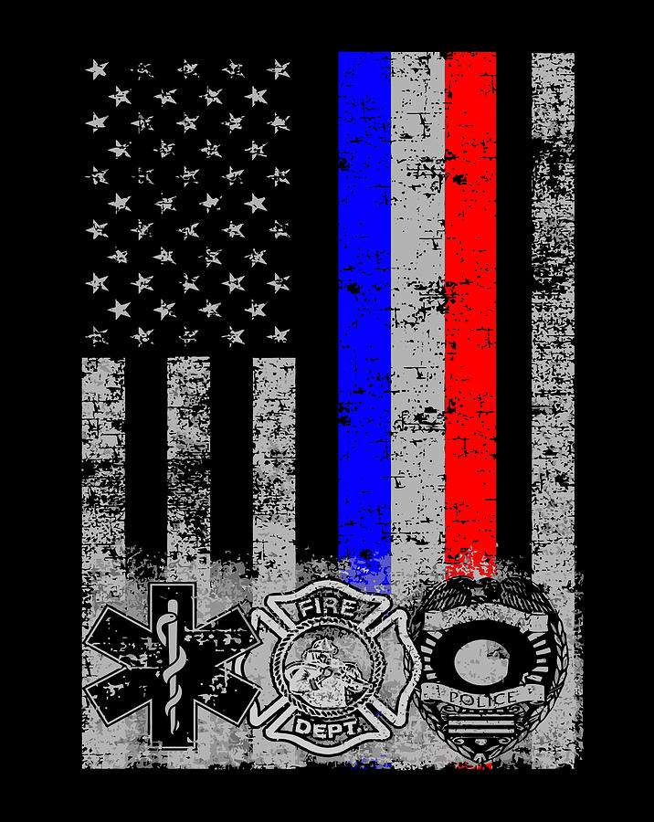 Fireman Police Emt First Responder Flag Long Sleeve Digital Art by Mari