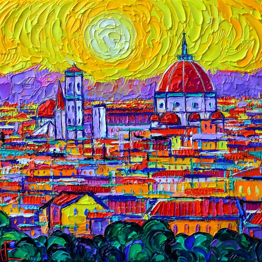 FIRENZE ABSTRACT ROOFTOPS AT SUNSET textural impasto palette knife oil painting Ana Maria Edulescu Painting by Ana Maria Edulescu