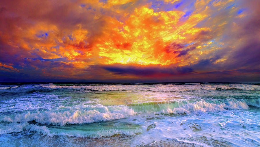 Firery Red Orange Sunset Reflection Ocean Waves Photograph by Eszra Tanner