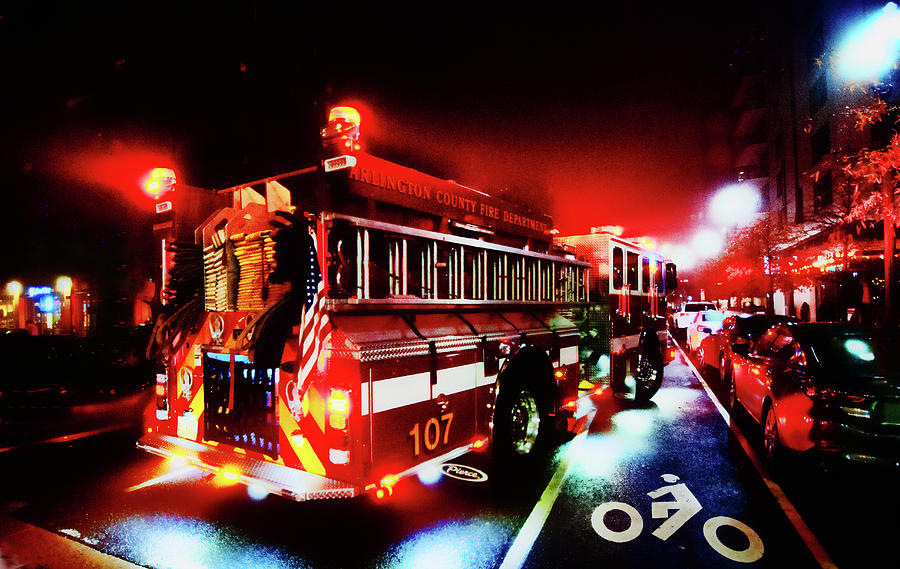 Firetruck on a foggy night Photograph by Bill Jonscher