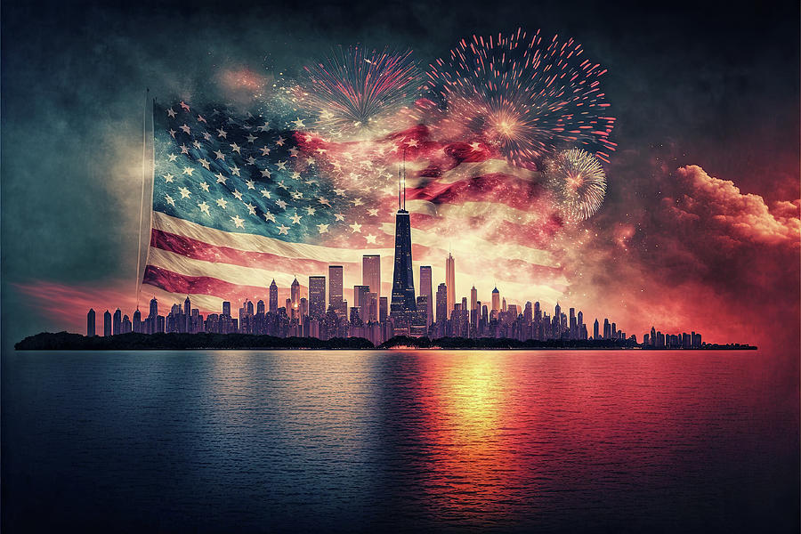 Fireworks and American Flag Over The Chicago Skyline Digital Art by Jim Vallee