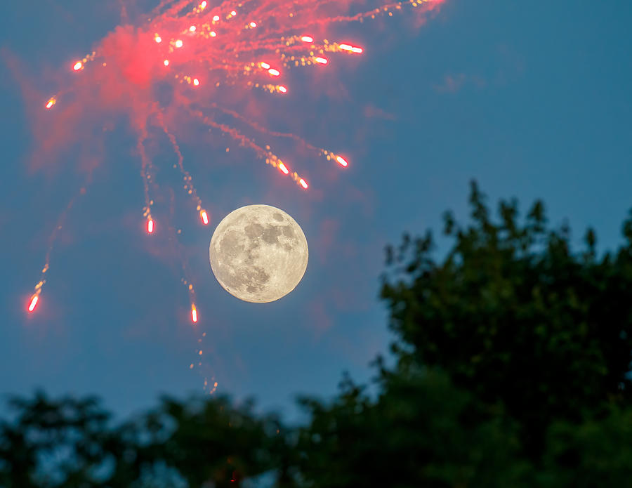 Fireworks and Supermoon Photograph by Allin Sorenson