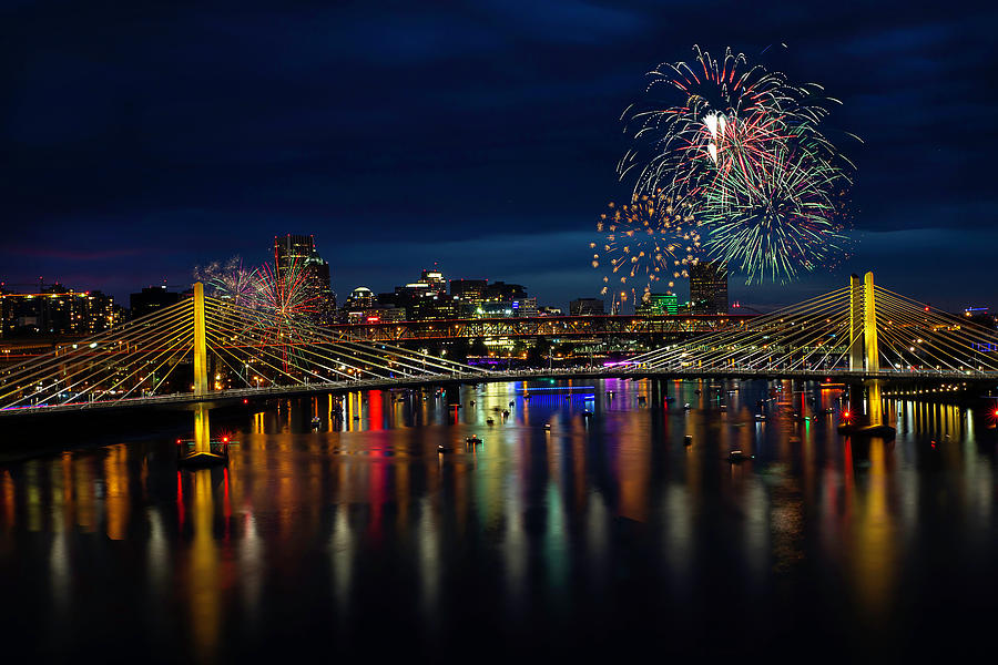 Fireworks and Tillikum Crossing Photograph by Wes and Dotty Weber