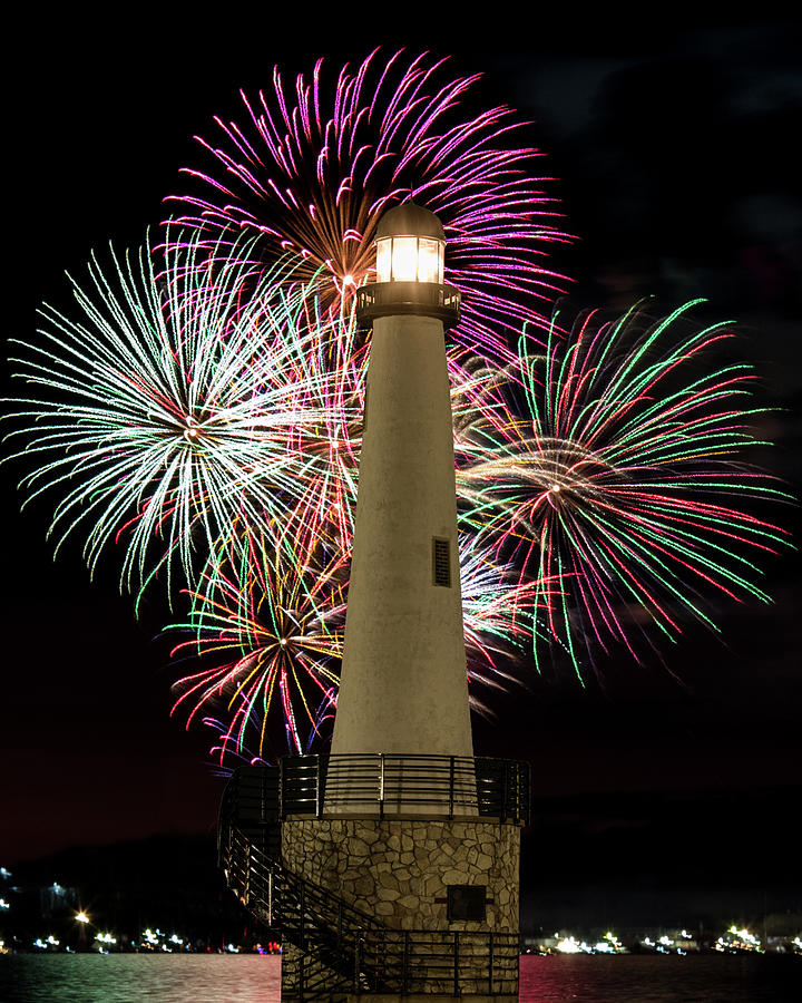 Lighthouse Photograph - Fireworks At The Lighthouse by Randy Shellenbarger
