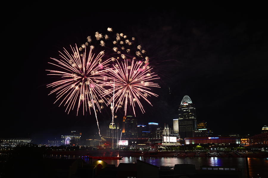 Fireworks Cincinnati Skyline Photograph by Jim Mohrfield Fine Art America