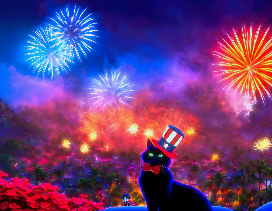 Fireworks Freddy the Cat Digital Art by Carol Lowbeer - Pixels