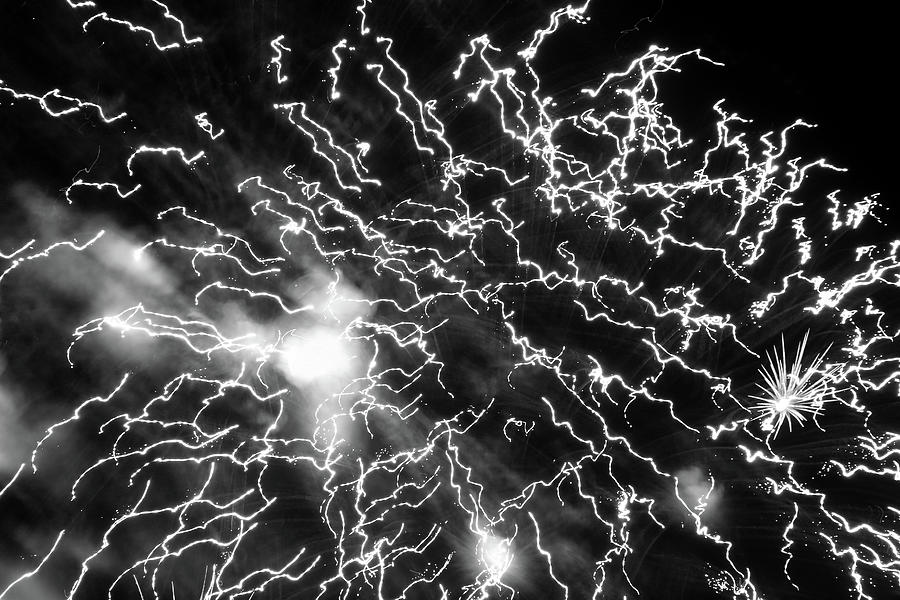 Fireworks Light Trails 6811 070421 BW Photograph by Mary Bedy