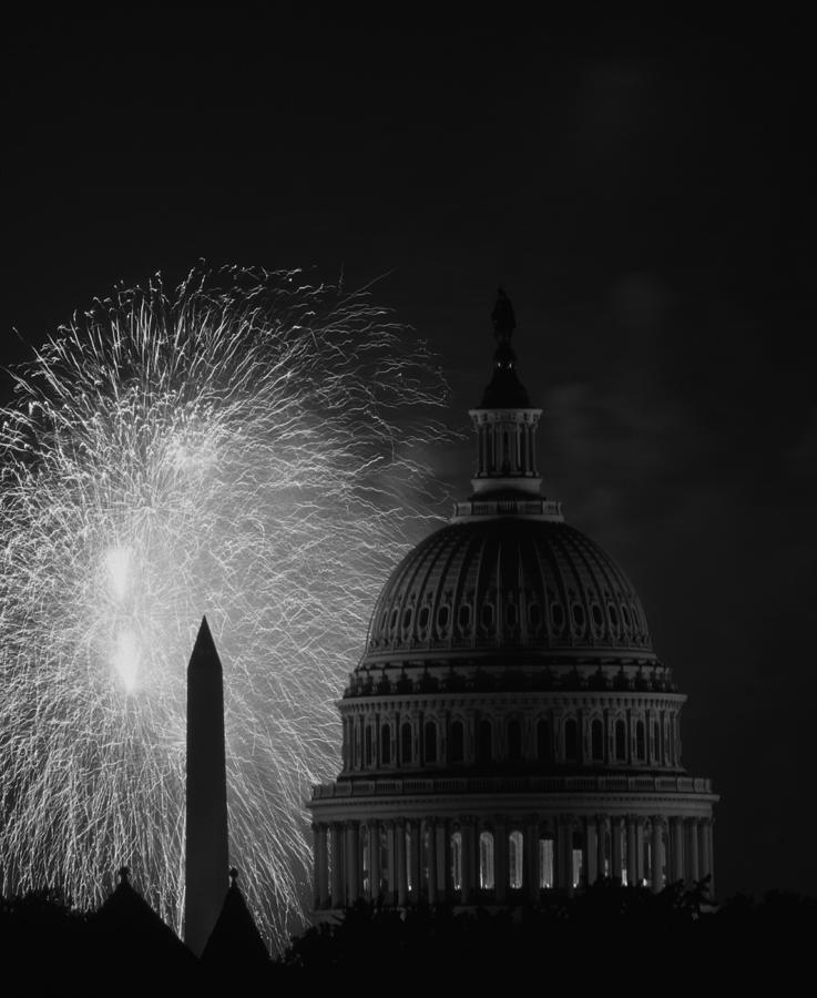 Fireworks Near The US Capitol and Washington Monument - 1995 Photograph by War Is Hell Store