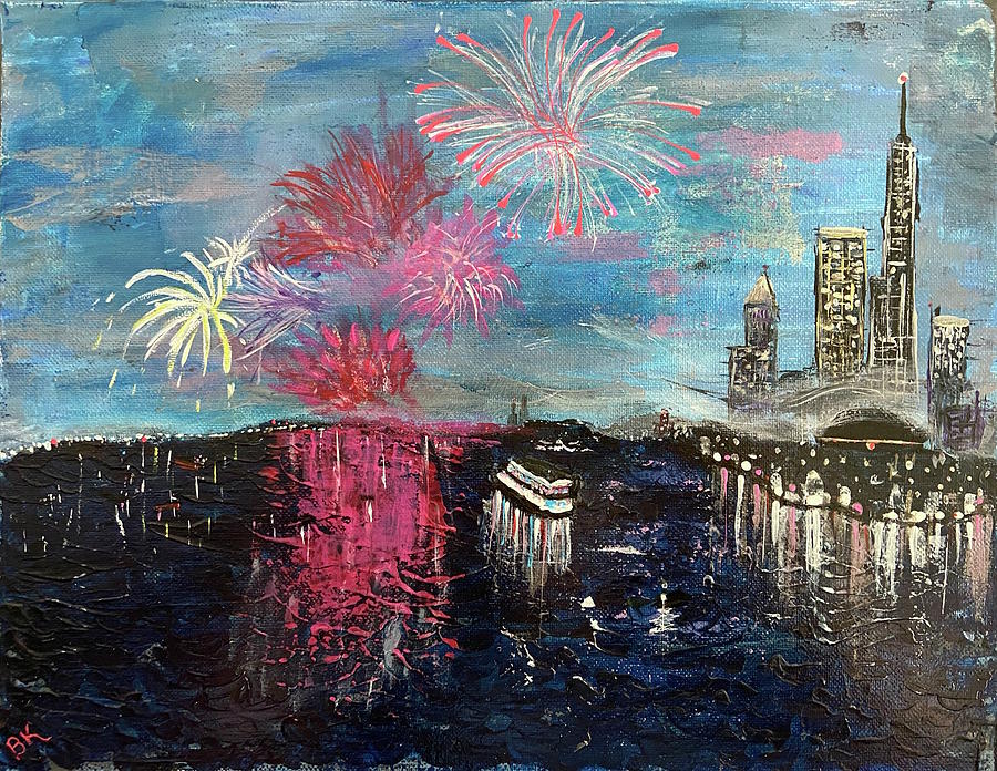 Fireworks on Lake Michigan Painting by Beth Kolar Fine Art America