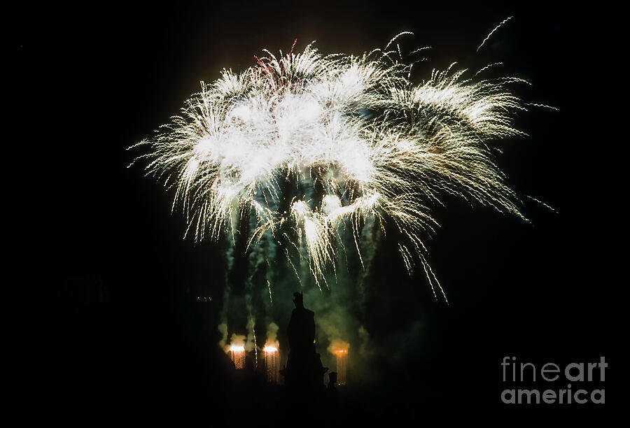 Fireworks over Karl Theodor Bridge Photograph by Bob Phillips
