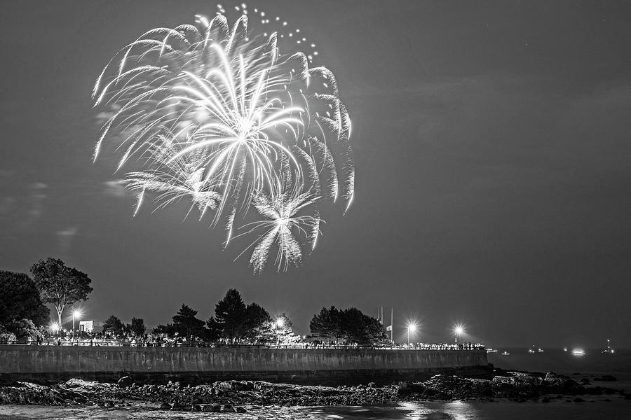 Fireworks over Red Rock Park in Lynn MA Black and White Photograph by Toby McGuire