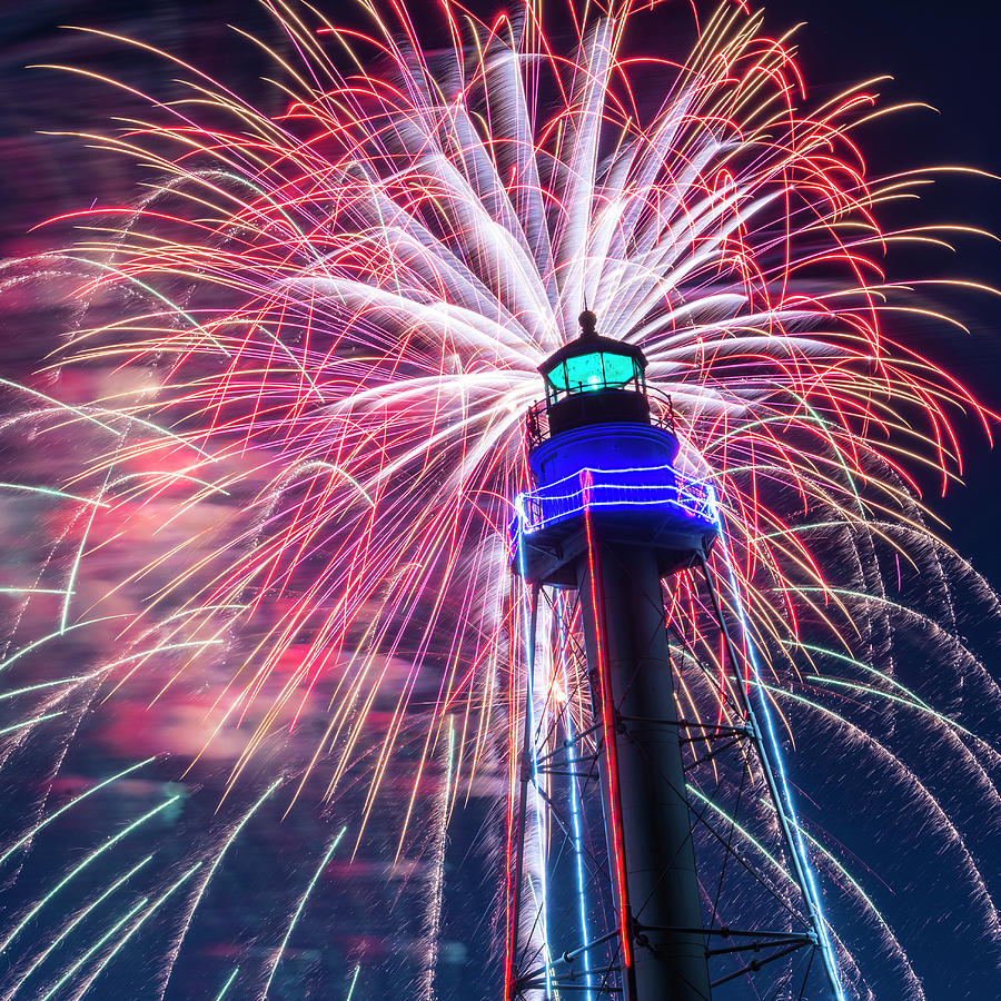 Fireworks Over the Marblehead Light Tower Marblehead MA Square Photograph by Toby McGuire