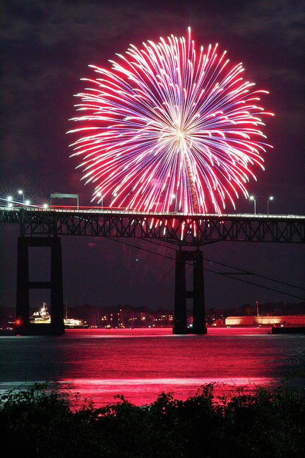 Fireworks over the Newport Bridge Photograph by Jim Feldman