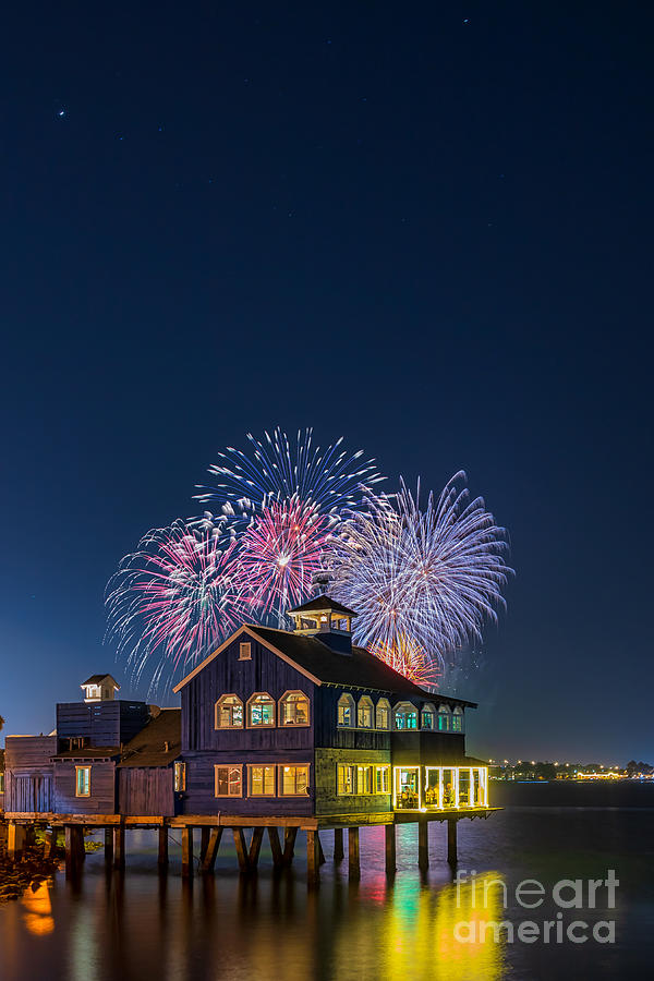 Fireworks over the Pier Cafe in Seaport Village, San Diego, California, USA Photograph by Sam Antonio