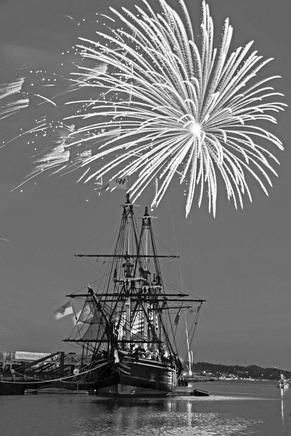 Fireworks over the Salem Friendship Salem MA Fourth of July Black and White Photograph by Toby McGuire
