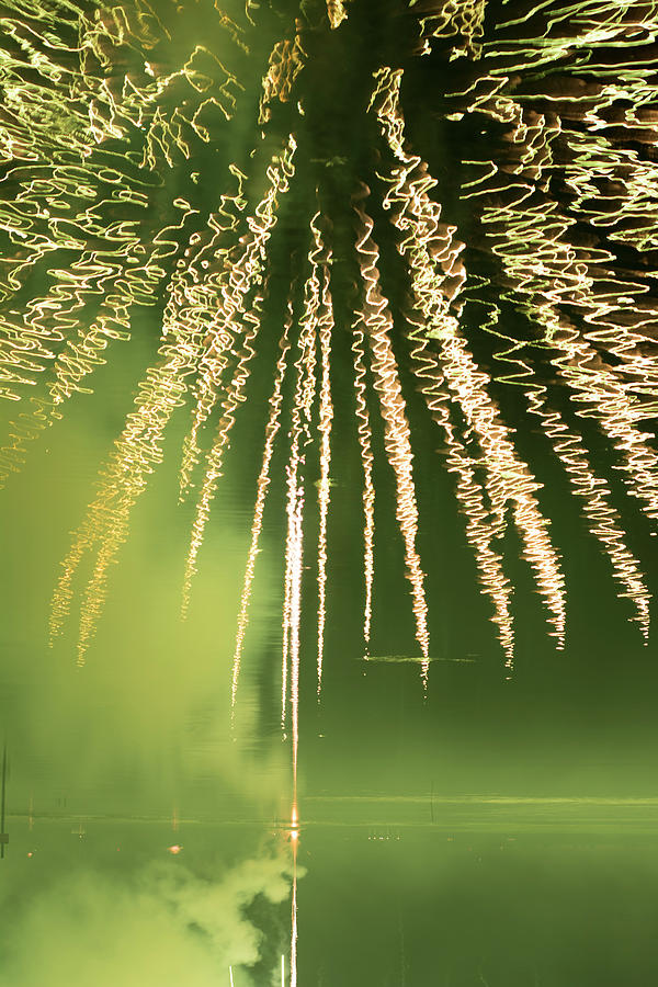 Fireworks Reflection Green Photograph by Carolyn Hutchins
