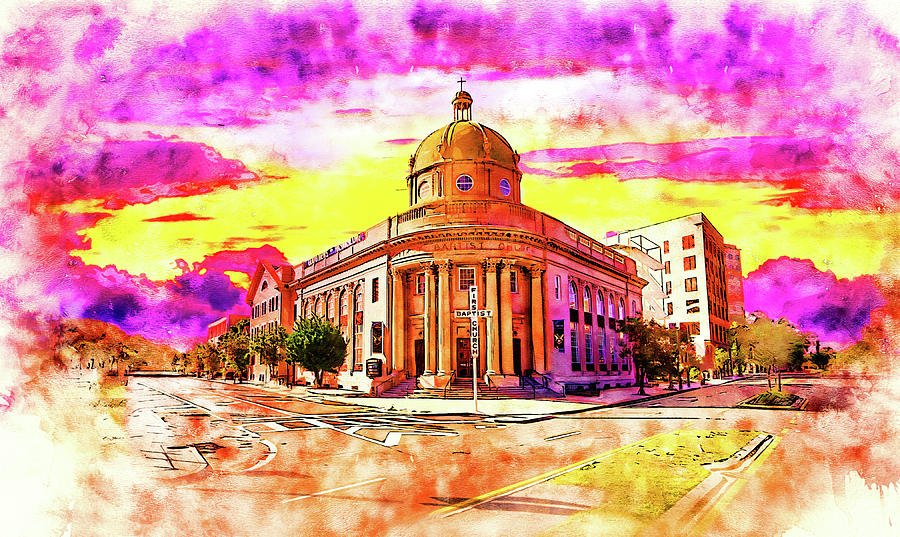 First Baptist Church of Tampa, Florida, at sunset - pen and watercolor Digital Art by Nicko Prints