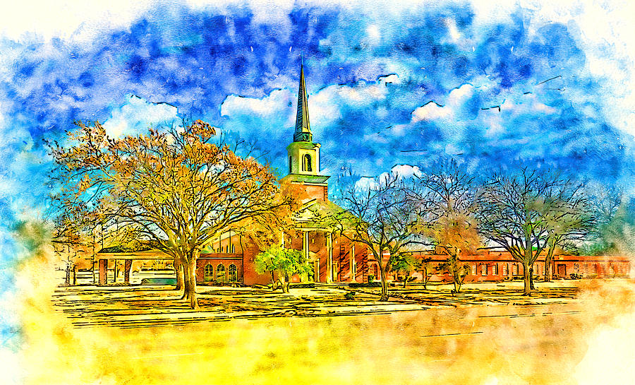 First Christian Church in Wichita Falls, Texas - pen and watercolor Digital Art by Nicko Prints