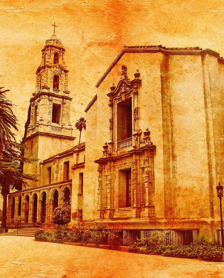 First Congregational Church of Riverside, California, blended on old paper Digital Art by Nicko Prints