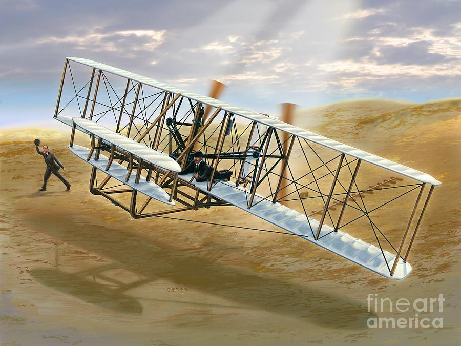 First Flight  The Wright Flyer at Kittyhawk Painting by Stu Shepherd