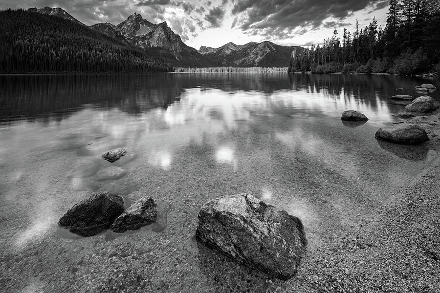 First Light at Stanley Lake in Black and White Photograph by Kristen Wilkinson