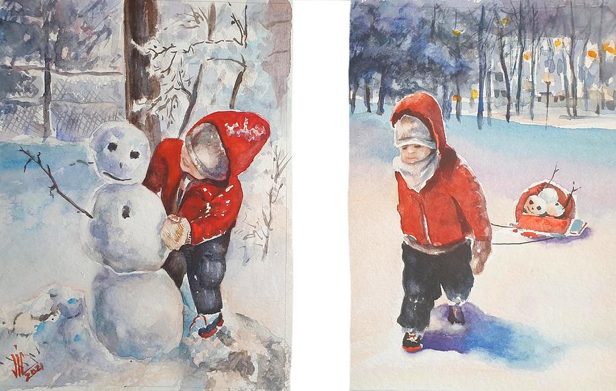 First love or Winter love story watercolor painting by Vali Irina Ciobanu  Painting by Vali Irina Ciobanu