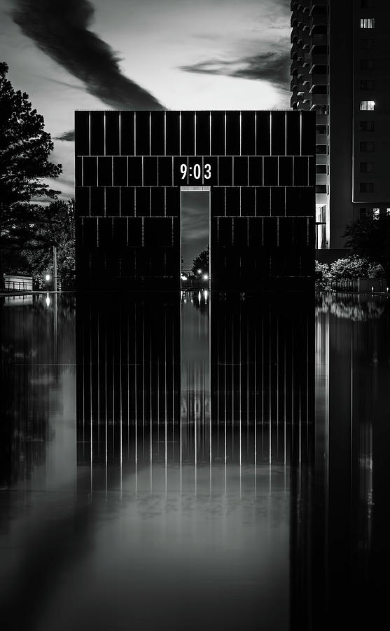 First Moment of Recovery Oklahoma City Memorial Night BW  Photograph by Joan Carroll