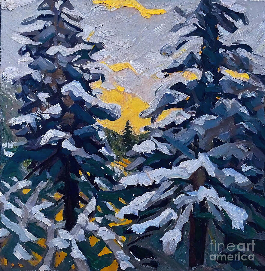 Winter Painting - First Snow Setting Sun Painting Winter Forest Snow Sunset Trees  by N Akkash
